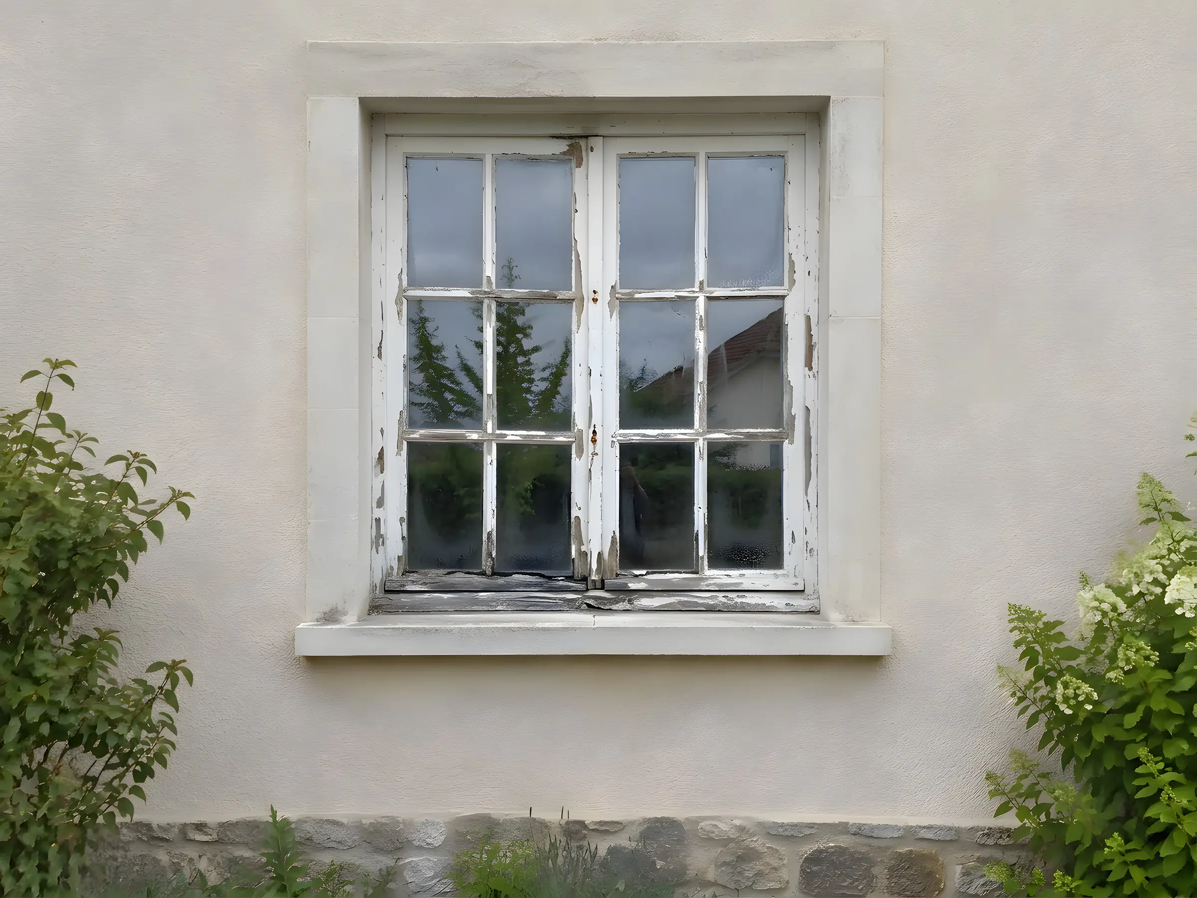 Avant : Façade enduite beige avec une vieille fenêtre en bois à petits carreaux abîmée