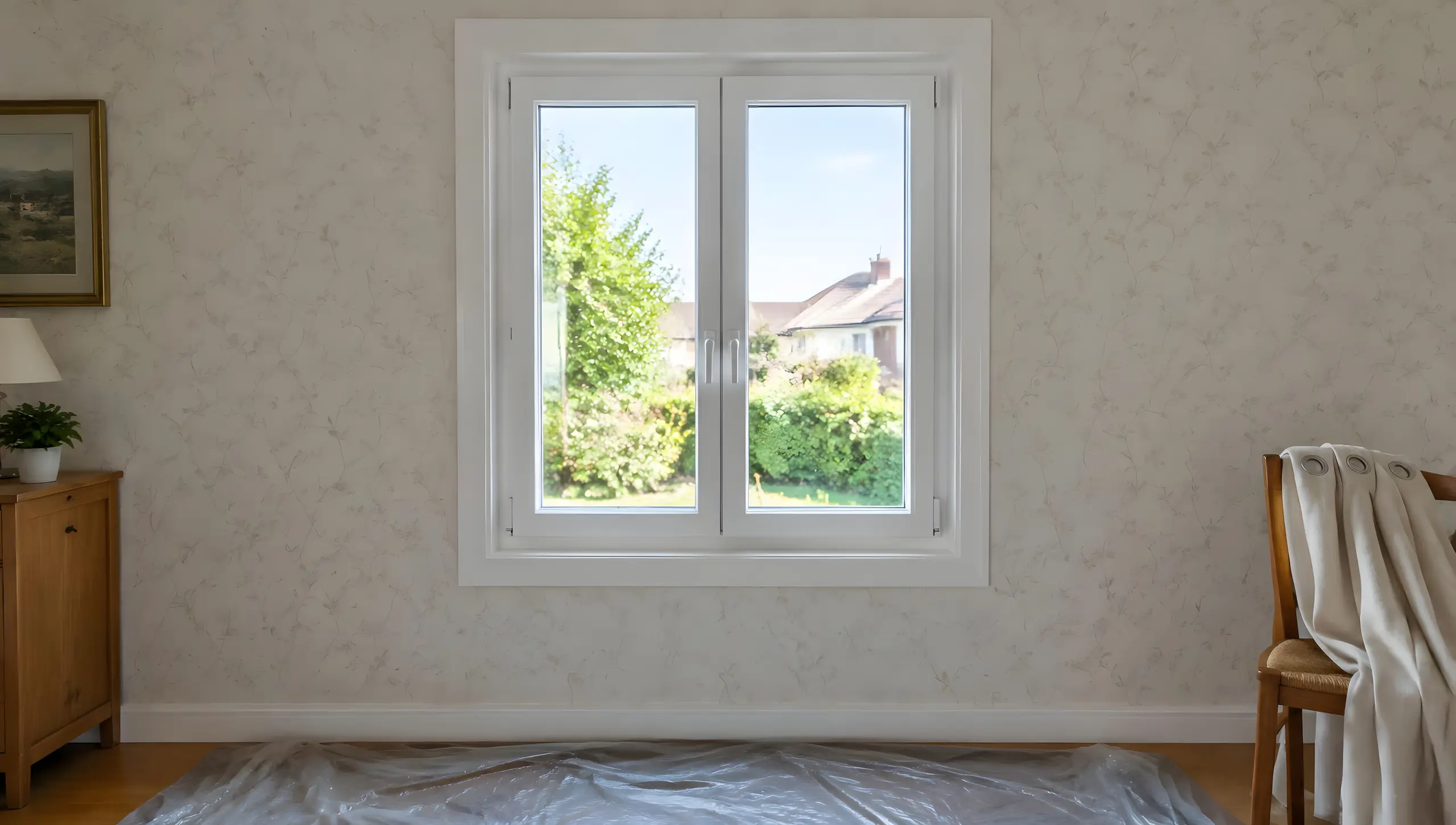 Fenêtre PVC blanche neuve vue de l’intérieur d’une chambre, papier peint intact autour