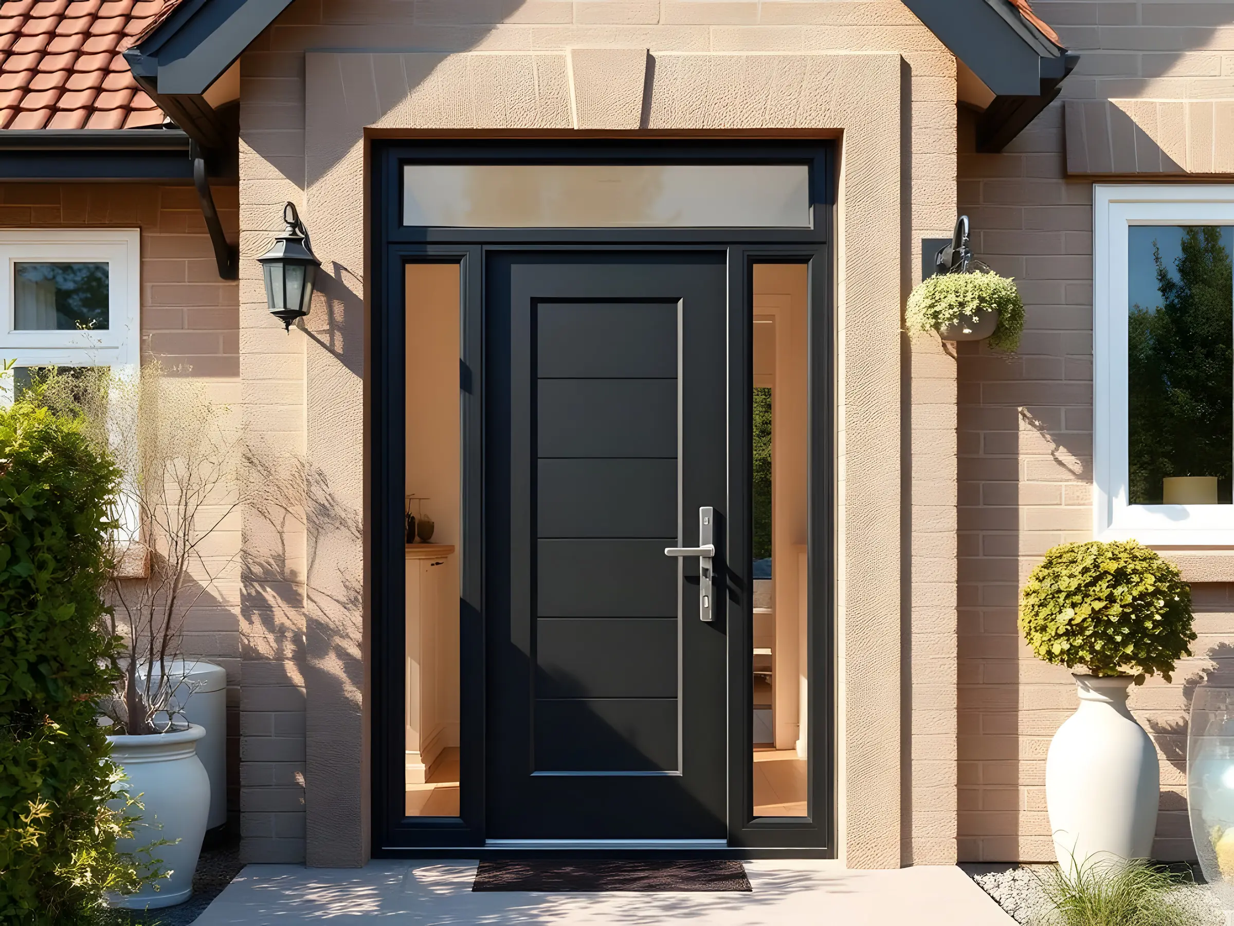 Porte d’entrée noire avec un vitrage latéral, sous un auvent
