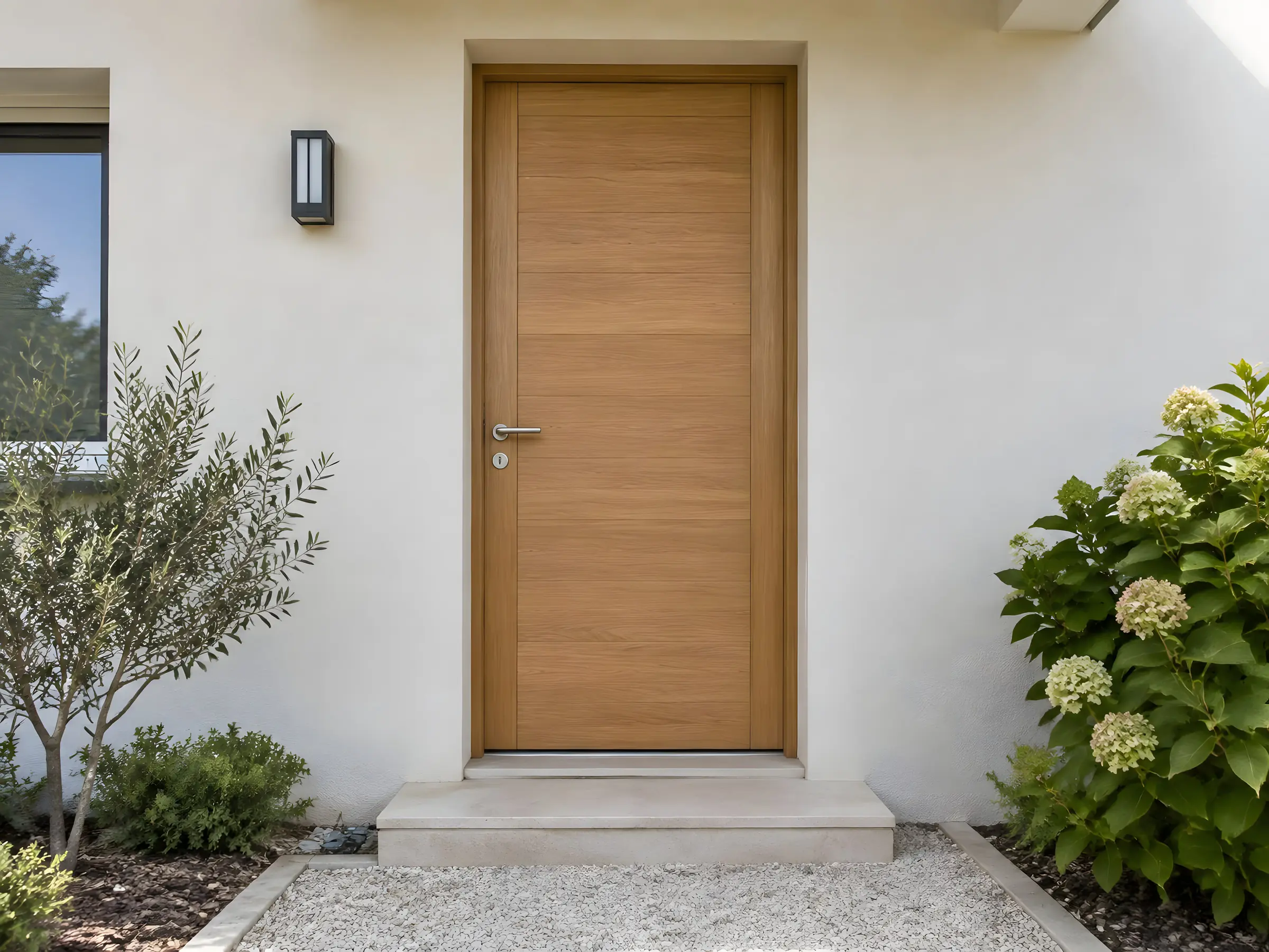 La même entrée avec une porte d’entrée neuve en bois clair