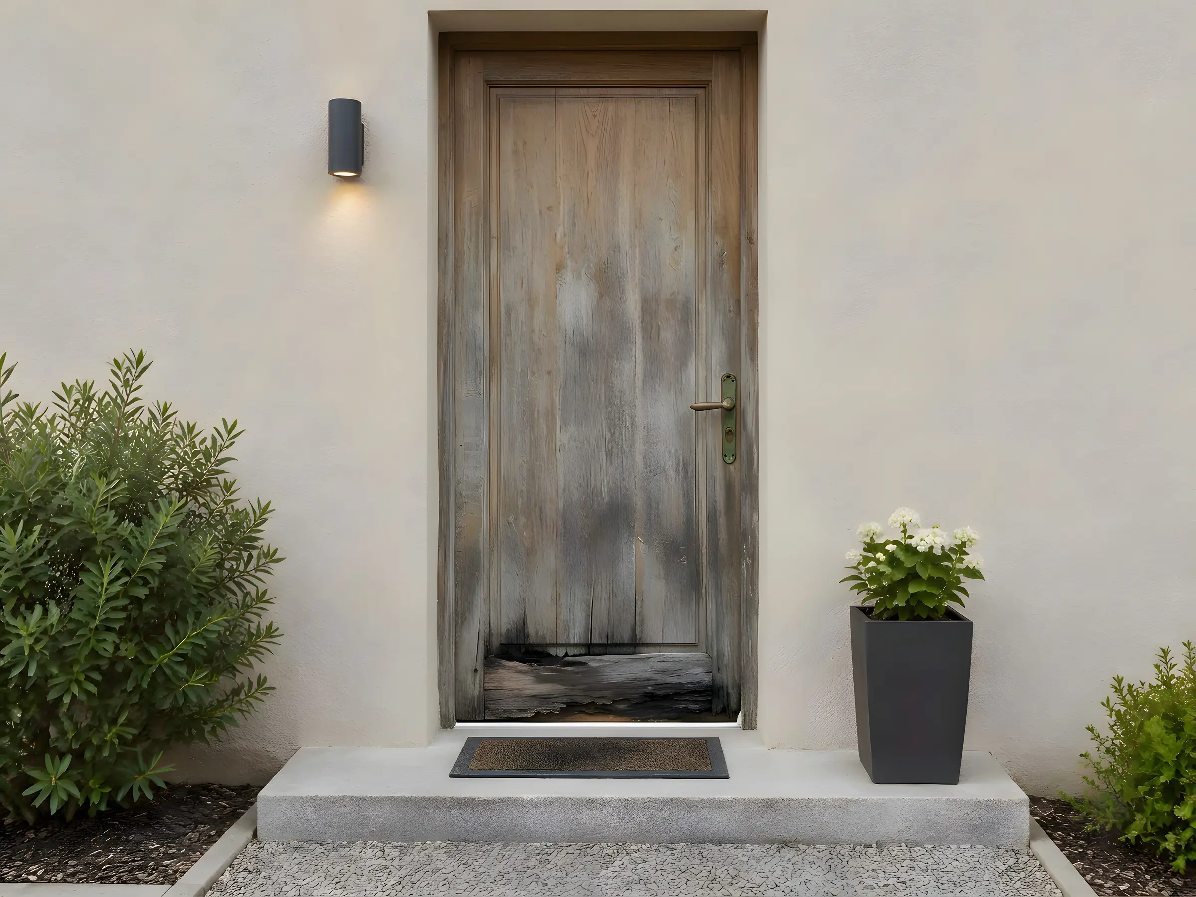 Avant : Entrée de maison avec une vieille porte en bois usée et grisée